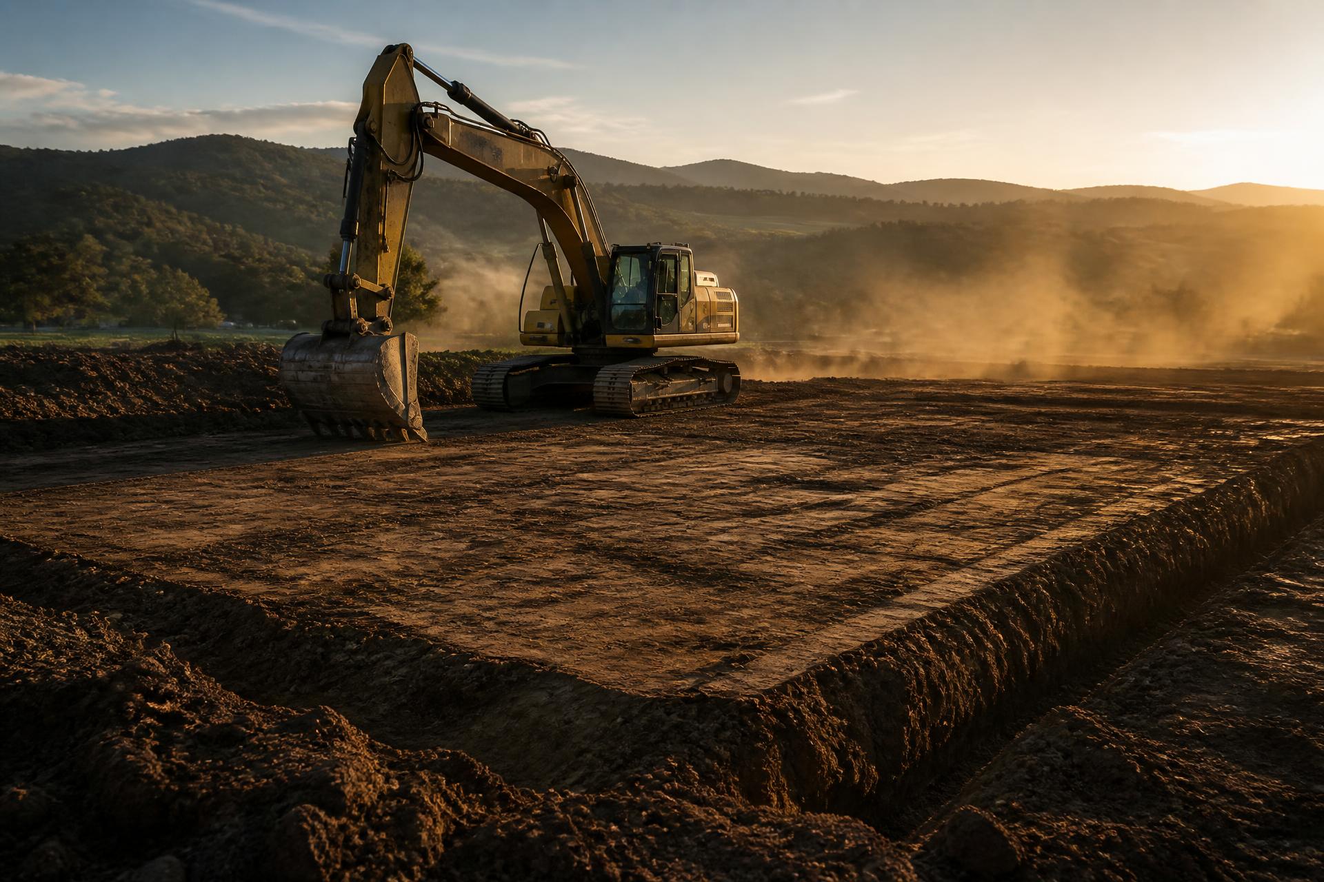 Excavator cutting a clean building pad at golden hour